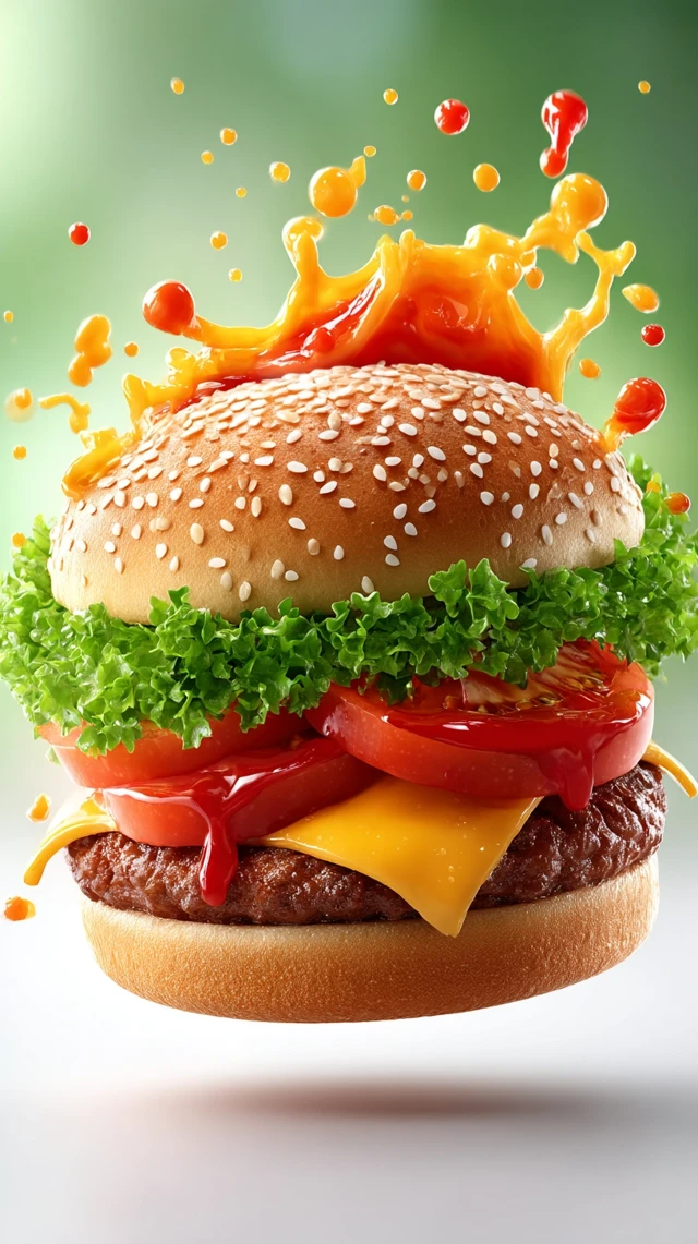 Delicious Burger Falling with Cheese and Tomato