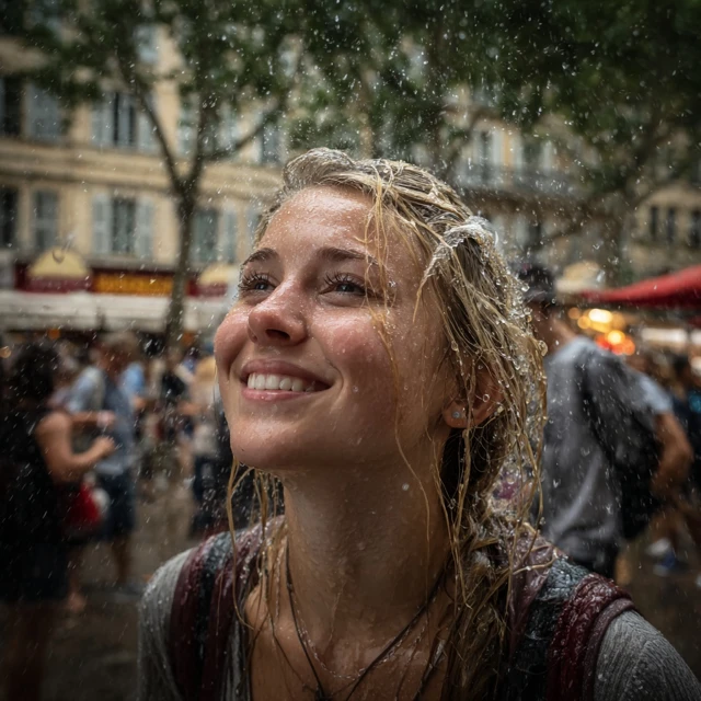 Woman in Marseille Rain Smiling