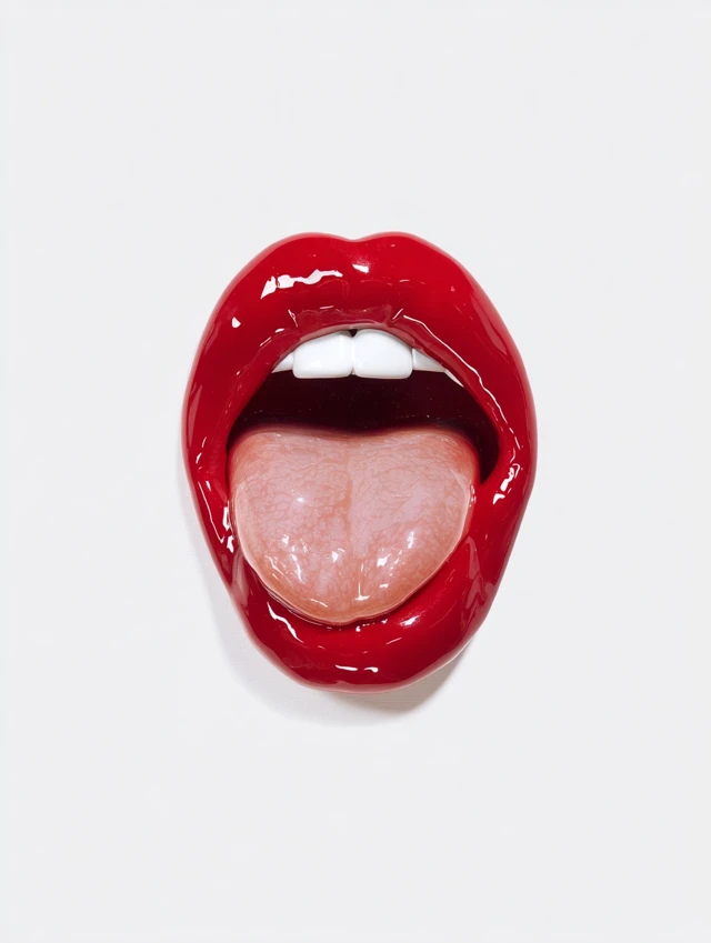 Hyperrealistic Red Lips with Tongue Out on White