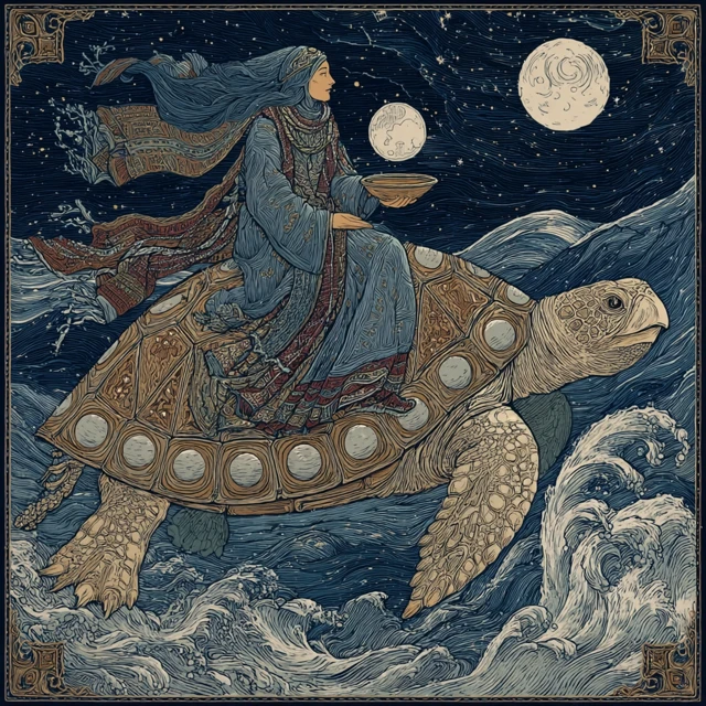 Nomad Goddess Riding Turtle Under Moonlit Sky