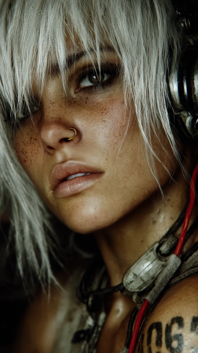 Cyberpunk Woman with White Hair and Scar