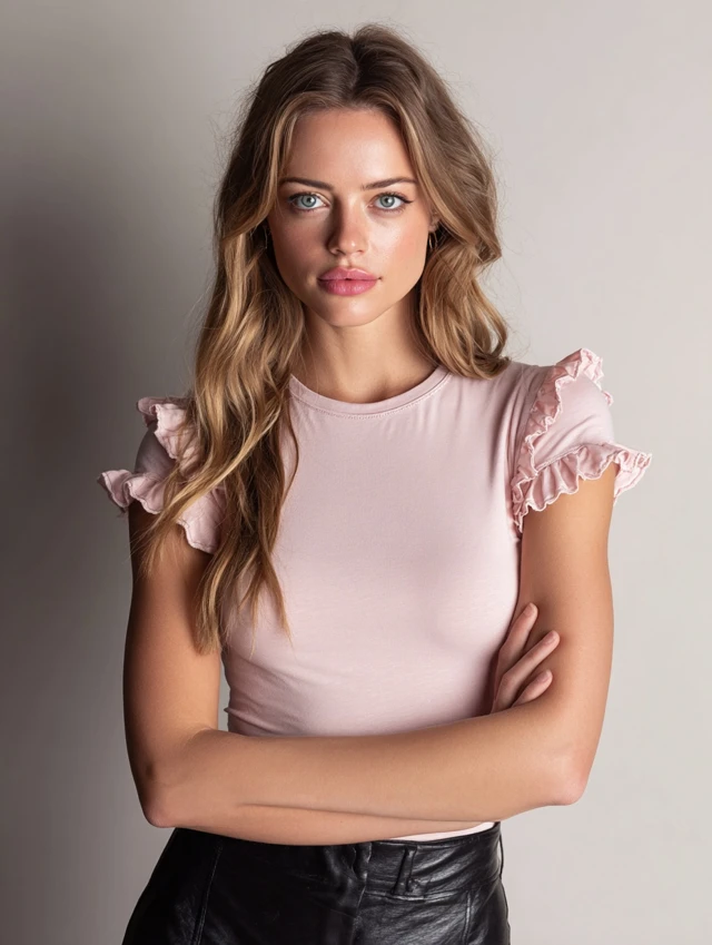 Young Woman in Pink Top with Ruffle Sleeves