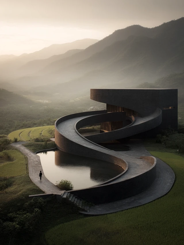 Countryside Museum Minimalist Design Hills Golden Hour