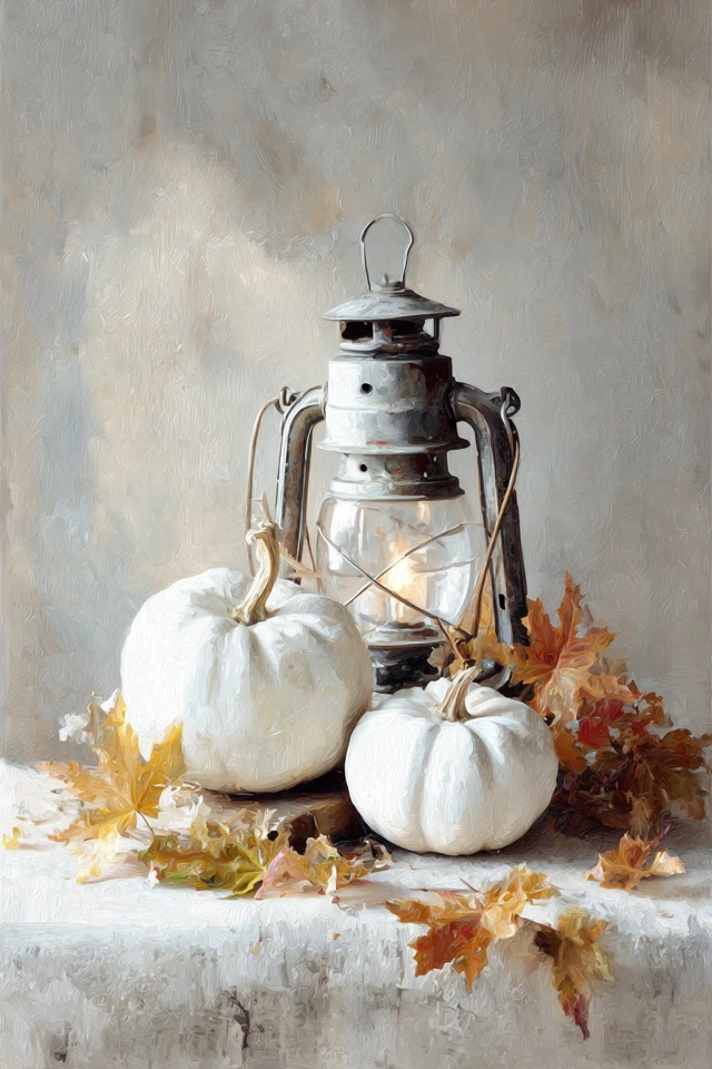 Autumn Still Life White Pumpkins Lanterns Art