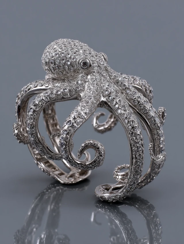 Silver Octopus Bracelet with Crystal Accents