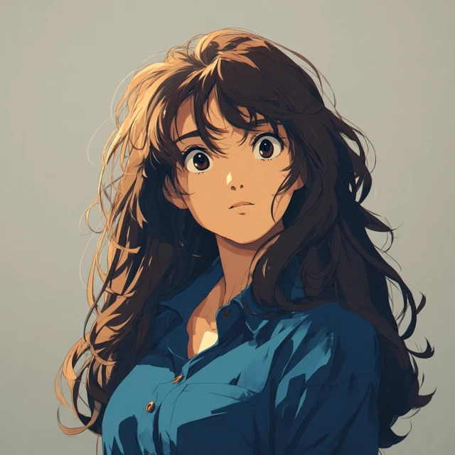 Anime Girl Blue Shirt Long Messy Hair