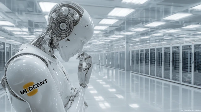 AI Android Journalist in Futuristic Server Room