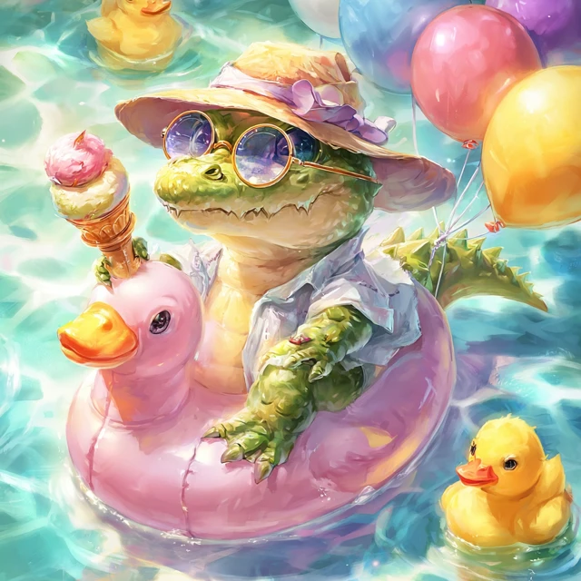 Cute Alligator with Ice Cream on a Rubber Duck