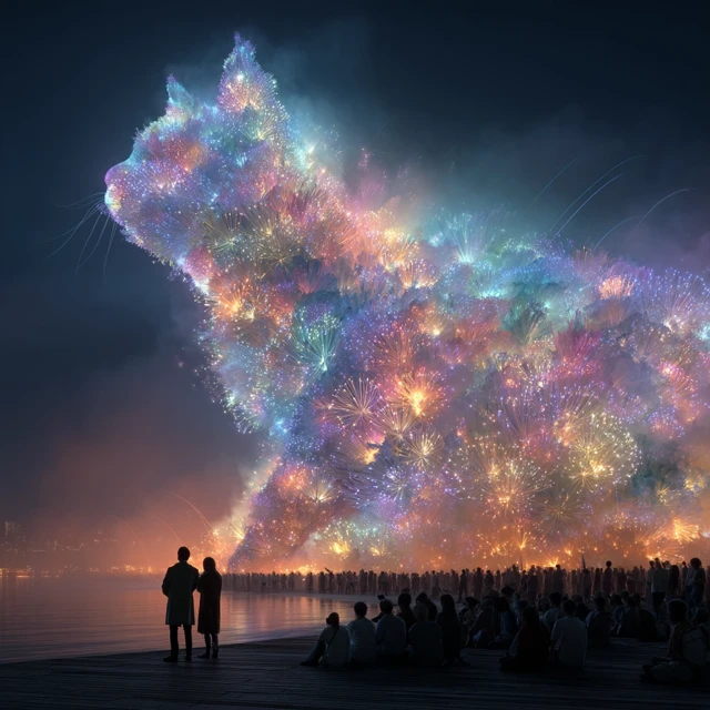 Fireworks Cat Over Futuristic Tokyo 2432
