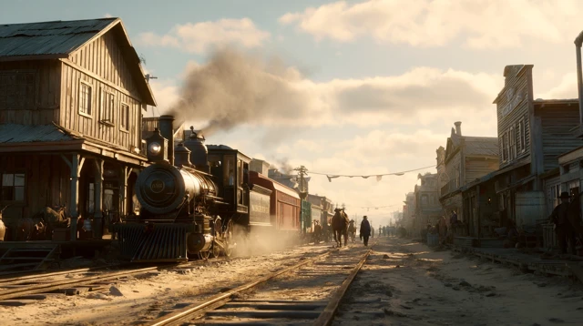 Dusty Western Town with Steam Train Cinematic Scene