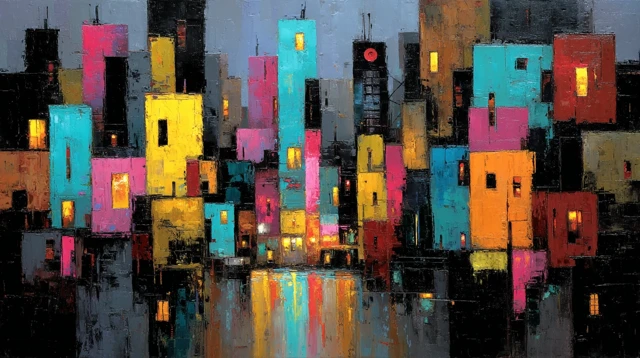 Abstract Cityscape Painting Neon Colors Modern Art