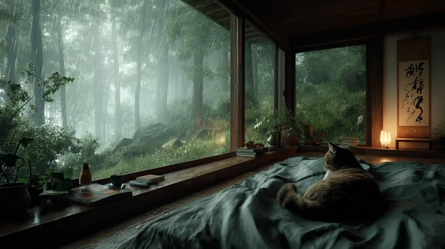 Japanese Bedroom Rainy Day Cat Peaceful Scene