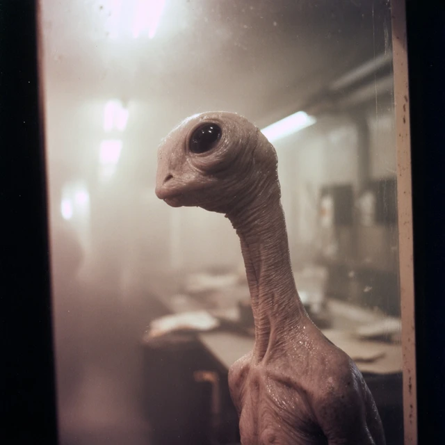 Alien Grey Creature in 1970s Lab Photography