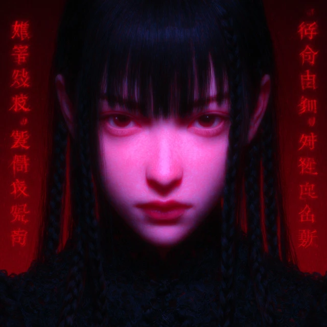 Sickly Girl with Long Black Hair in Red