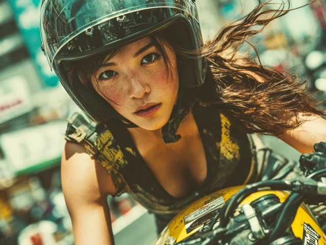 Japanese Woman on Retro Futuristic Motorbike Racing