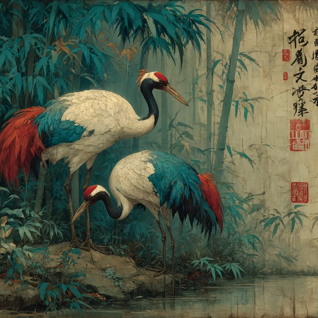 Ancient Chinese Art Red Crowned Cranes Bamboo Forest