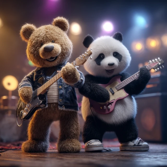 Teddy Bear and Panda Rock Band on Stage