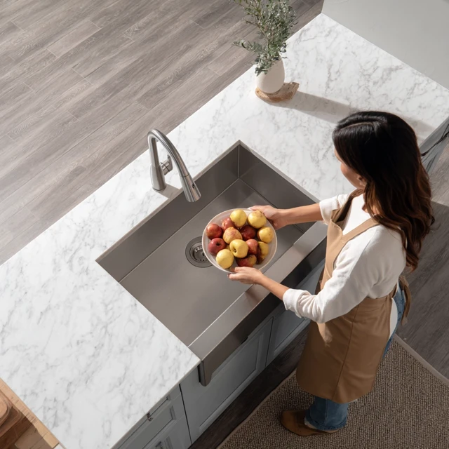 Kitchen Scene Woman Fruits and Stainless Steel Sink