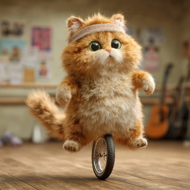 Cute Cat on Unicycle  Photorealistic 8K