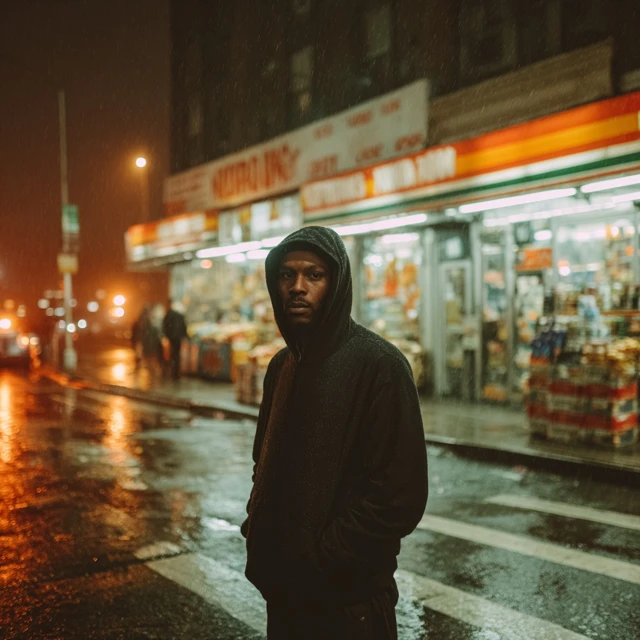 Man in Hood Stands in NYC Rain