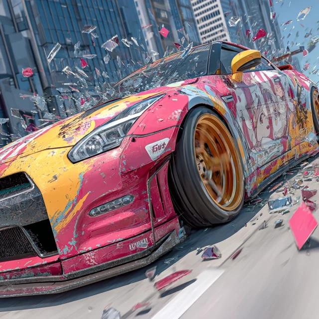 Nissan GTR Anime Style Crashing Through Glass