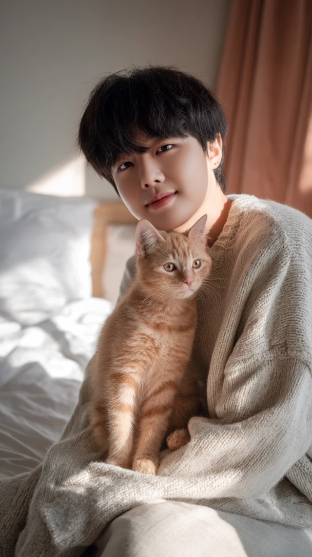 Korean Idol and Kitten: Adorable Photo with Cinematic Lighting