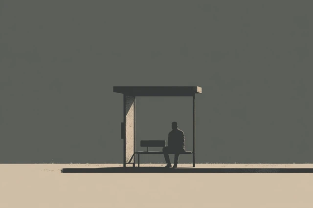 Sad Man at Bus Stop Minimalist Illustration
