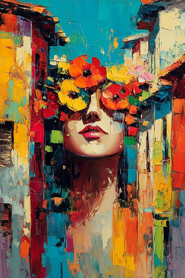 Abstract Portrait Art with Floral Crown and Vivid Colors