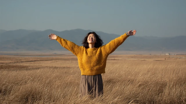 Woman on Korean Grassland Cinematic Landscape