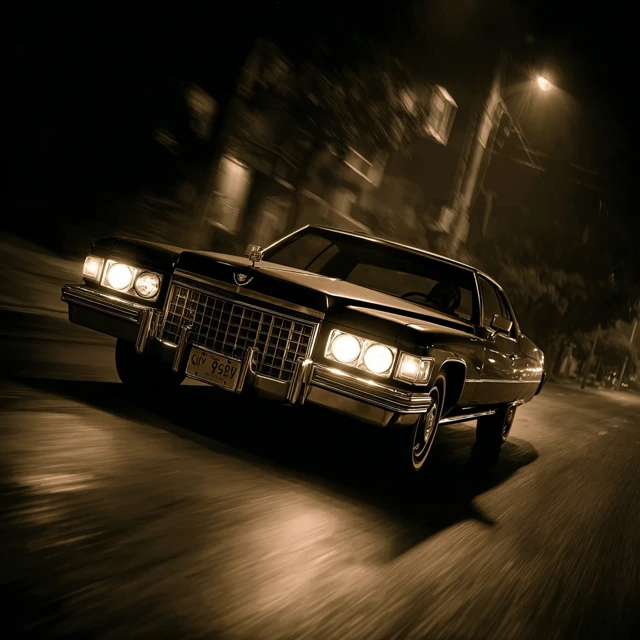 1972 Cadillac on a Dark Road at Night Vintage Sepia
