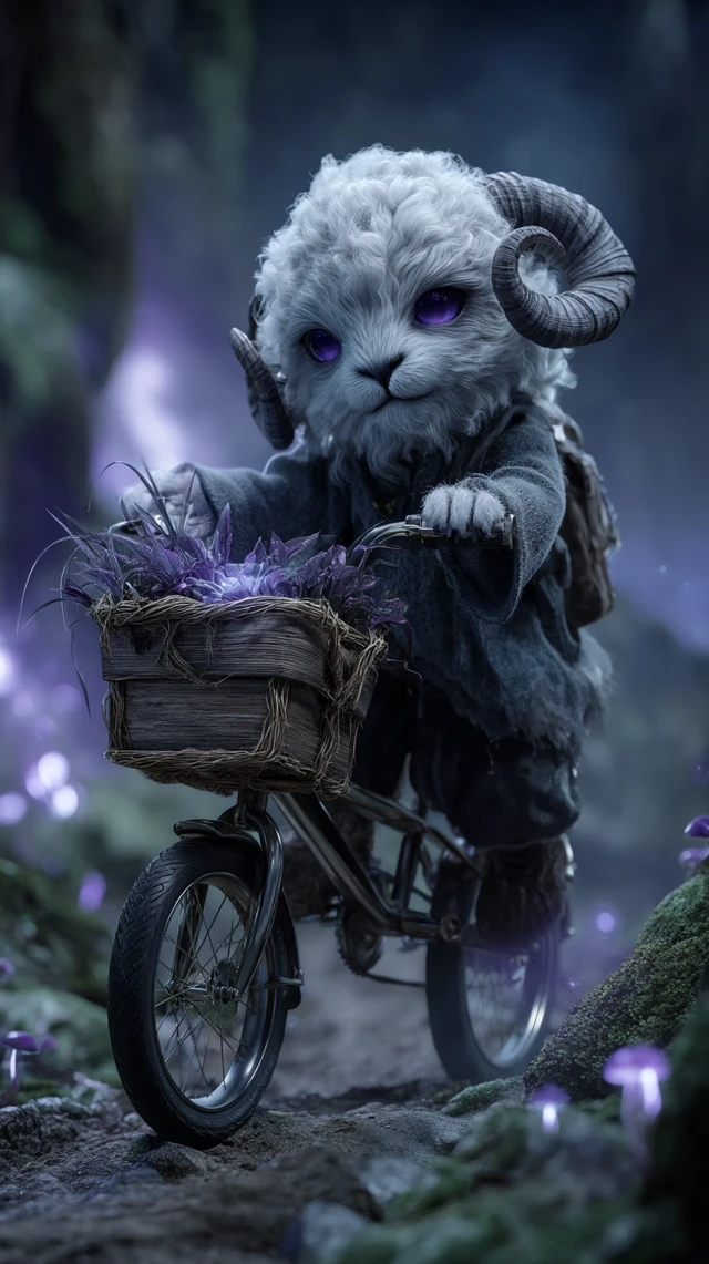 Fantasy Sheep Monster Baby on a Bicycle in Magical Forest