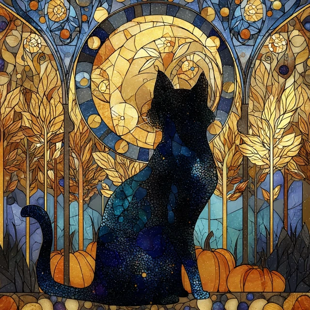 Black Cat Moonlight Stained Glass Halloween