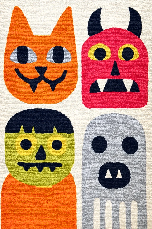 Colorful Cartoon Rug with Monster Faces