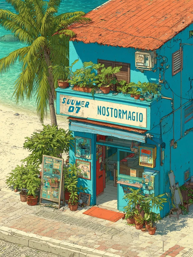 Beach Shop Summer Nostalgia Palm Trees Illustration