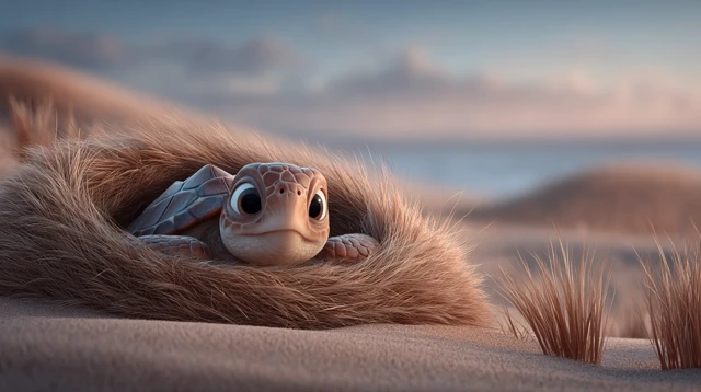 Cute Baby Sea Turtle on the Beach Pixar Style