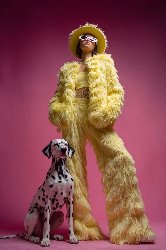 Fashion Portrait in Yellow Faux Fur with Dalmatian