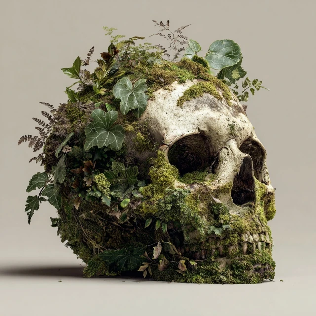 Skull Covered in Moss and Leaves Nature Art