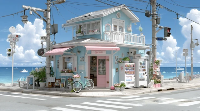 Coastal Cafe Scene in Webtoon Style