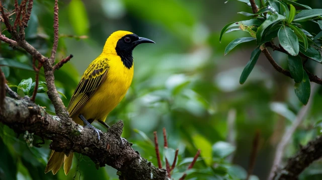 Black Crowned Yellow Bird on Branch in Lush Foliage
