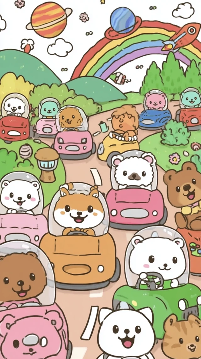Cute Cartoon Space Race Rocket Cars Kawaii Style