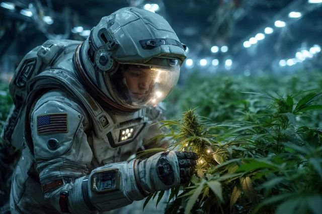 Astronaut in Space Lab Examining Hemp Plants