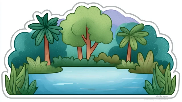 Cartoon Jungle Lake Sticker Vivid Colors