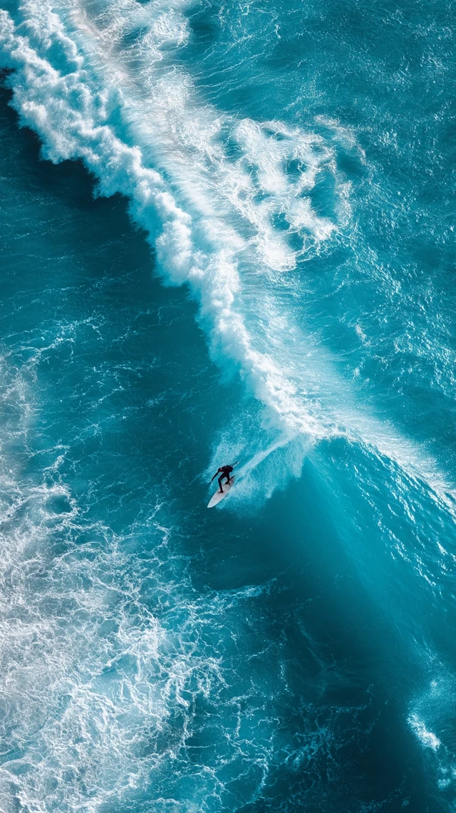 Surfer Riding Wave Aerial View Ocean Blue Wallpaper