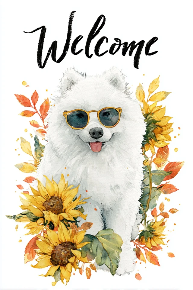 Fall Samoyed Dog Welcome Watercolor Art