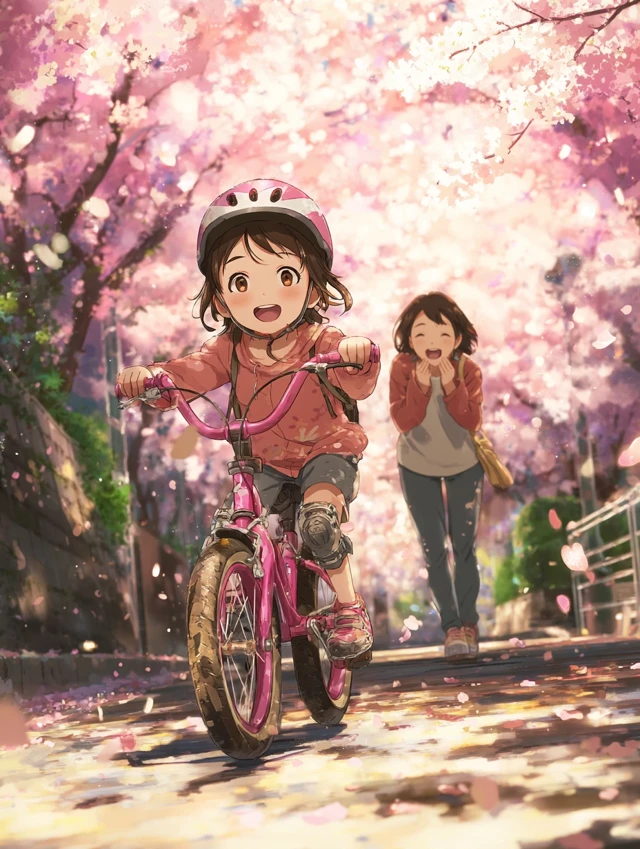 Anime Girl Riding Bike Cherry Blossoms Emotional Scene