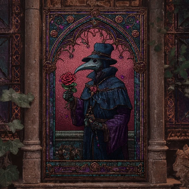 Stained Glass Plague Doctor Crimson Rose Gothic Art