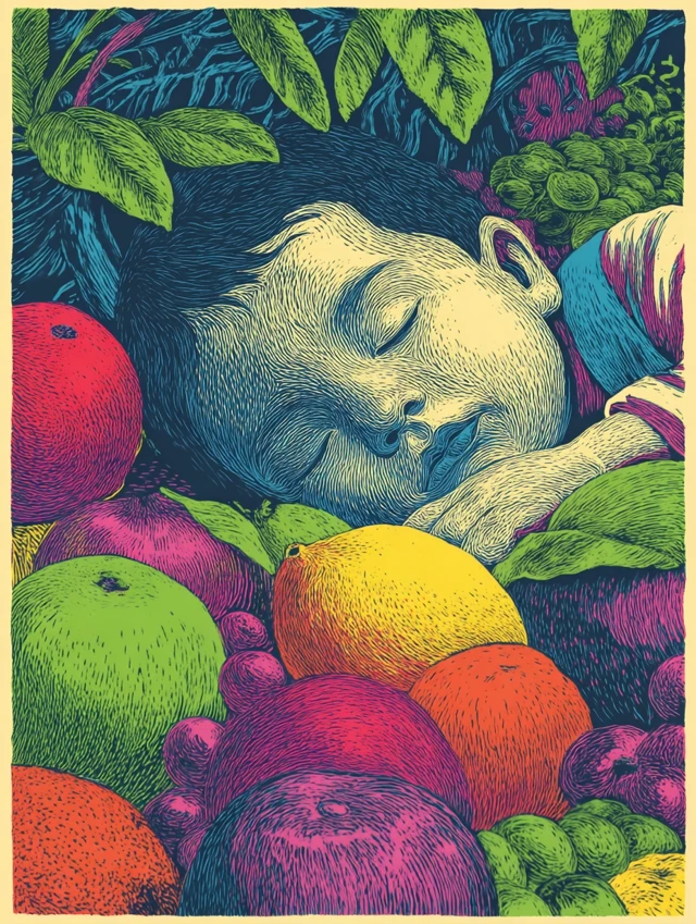 Psychic Toddler Dreaming of Fruit Linocut Print