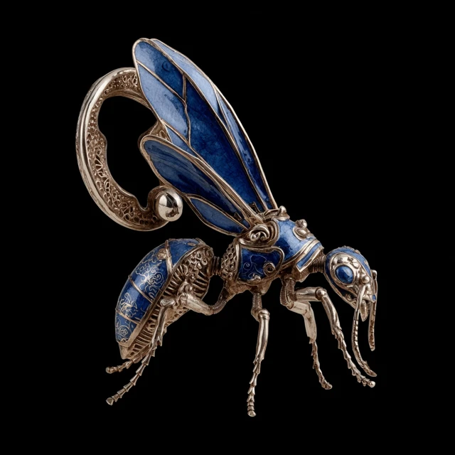 Ornate Blue Enamel and Silver Ant HR Giger Style