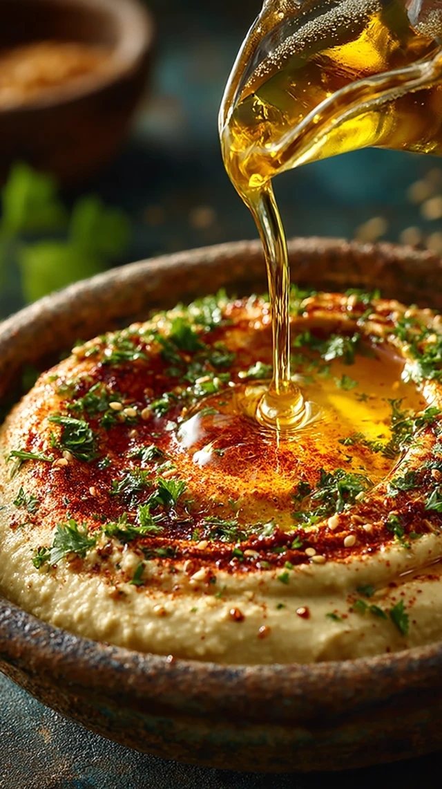 Hummus with Olive Oil Paprika and Parsley Slow Motion
