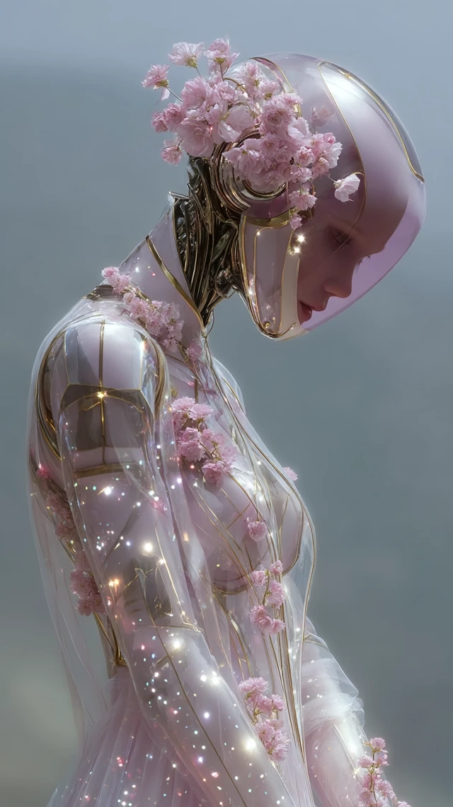 Surreal Robot with Flowers: Futuristic Beauty